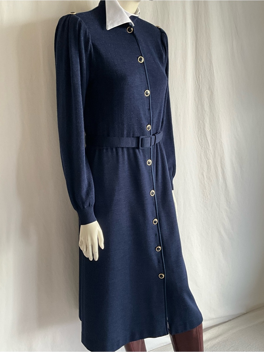 Vintage Ciao Ltd 100% Pure New Wool Navy Belted Midi Dress Gold Buttons